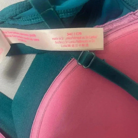 Victoria Secret Love Pink Bra Size 34C Bedazzled Turquoise Pink Padded Push Up - Picture 7 of 9